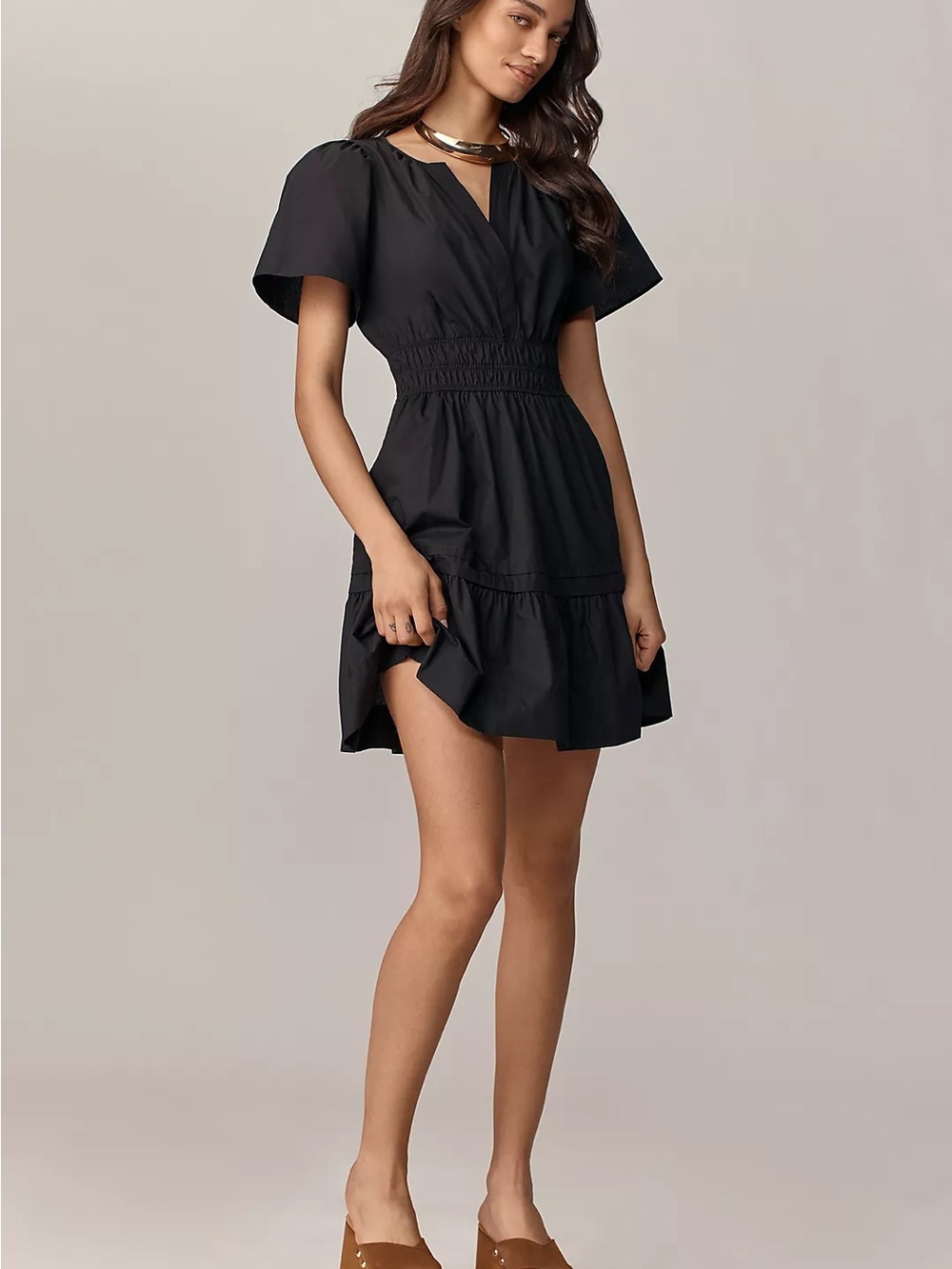 Anthropologie Somerset Mini Dress Womens Medium Black Shirred Waist V-Neck - Picture 11 of 11